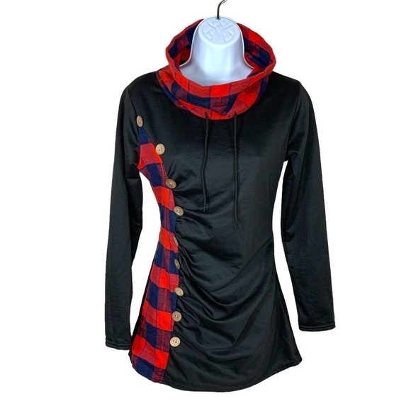 Small Black Red Plaid Cowl Neckline Top Long Sleeve Stretch - Picture 1 of 5